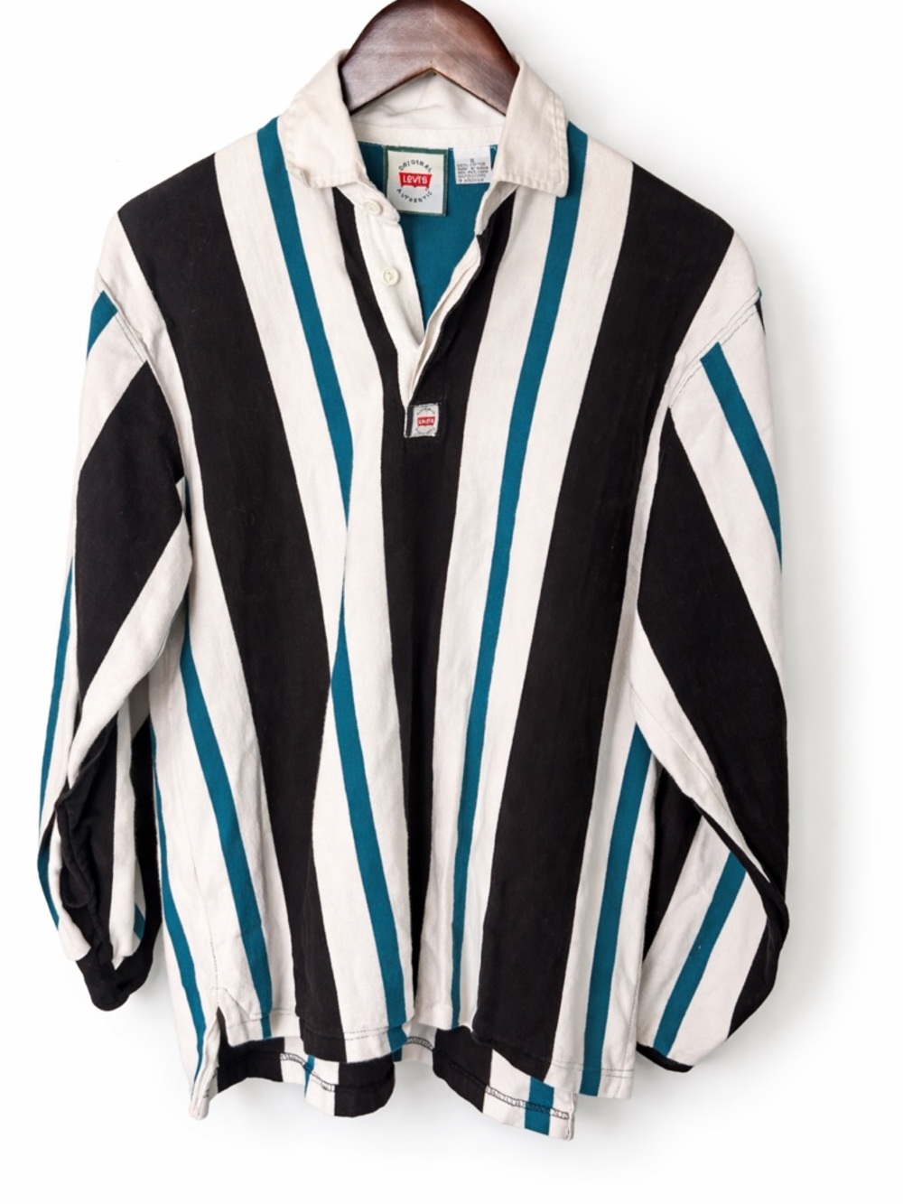 Vintage Levi's Striped Rugby Polo in Teal, Black & White